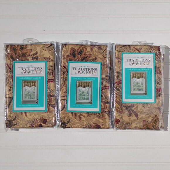 WAVERLY Navarra Antique Curtain Valances SET OF 3 Scalloped Valance Gold Floral - Picture 2 of 9